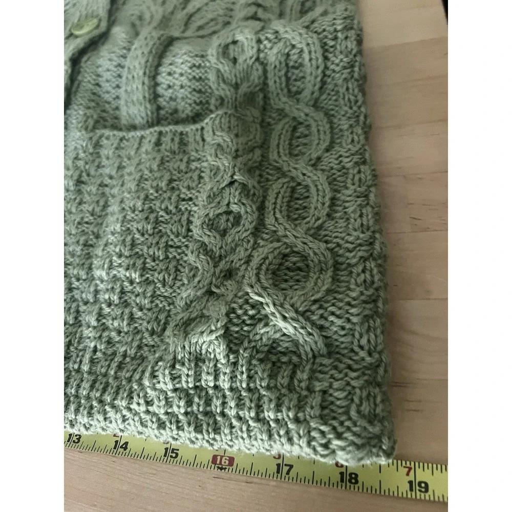 Kilronan Ireland Merino Wool Tree of Life Aran Cardigan Green Cable Knit M